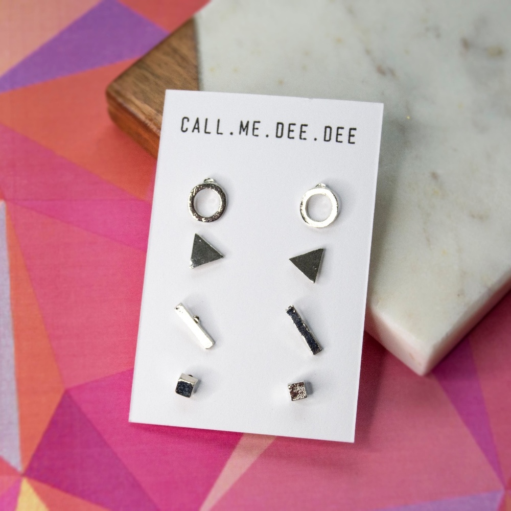 Silver Geometric Studs Set of 4